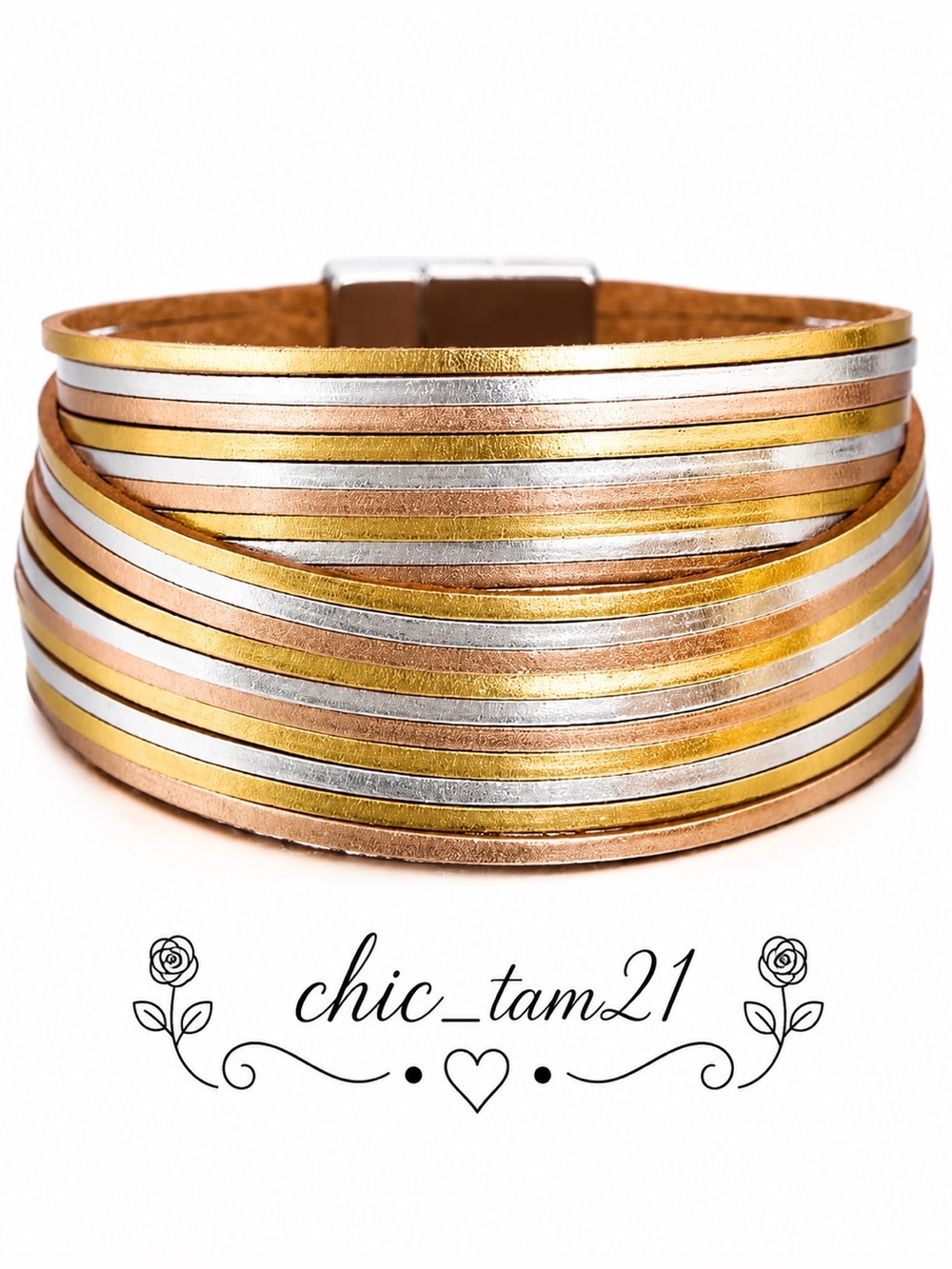 Tri-Tone Leather Cuff Bracelet - Gold, Silver & Rose Gold